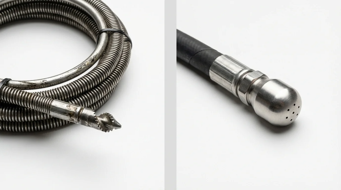 Drain snake cable and hydro jetting nozzle used for drain cleaning in Calipatria, CA
