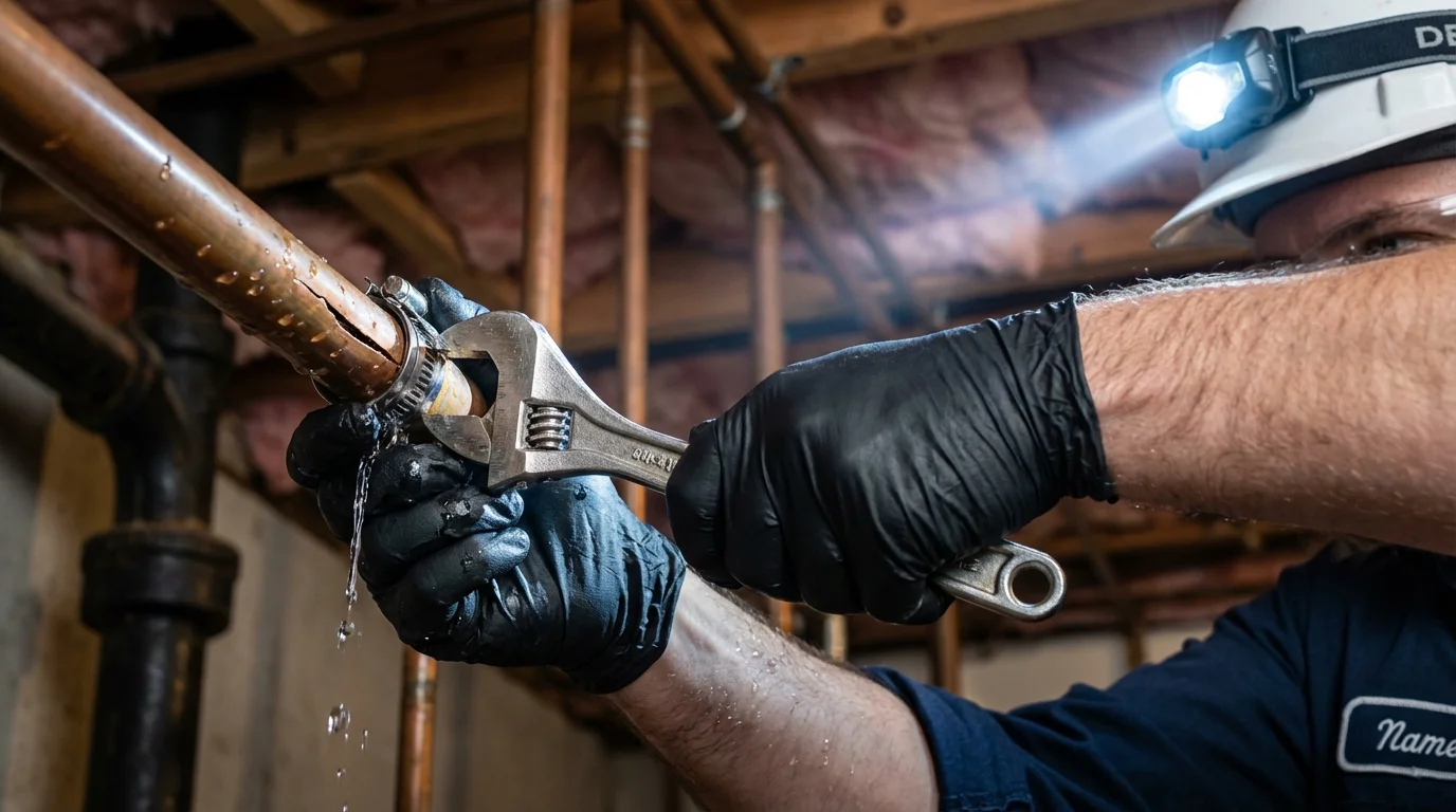 Emergency pipe clamp repair being performed by a Johns Plumbing LLC plumber in Calipatria