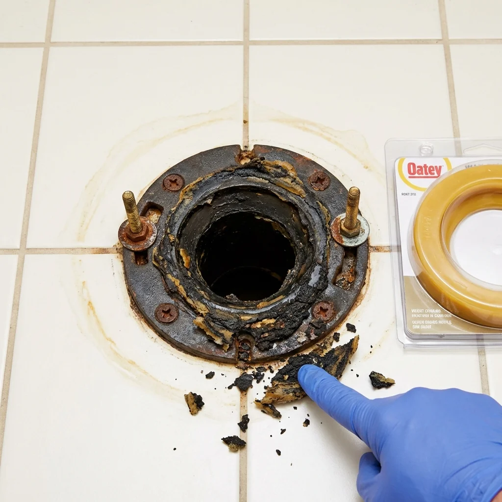 Failed wax ring showing water seepage at the base of a toilet in a Calipatria, CA home