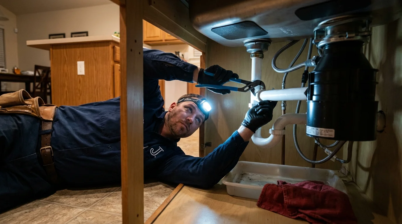 P-trap and supply line connections under a kitchen sink showing a common leak point in Calipatria, CA